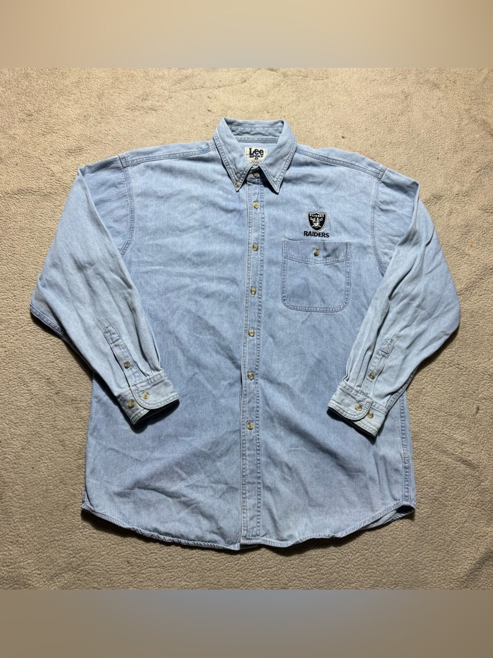 Lee Sports Shirt Mens Large Button Up Vintage Denim Las Vegas Raiders Logo Tee